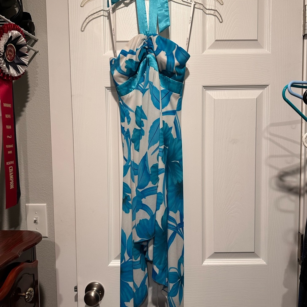 Blue and White Floral Halter Dress